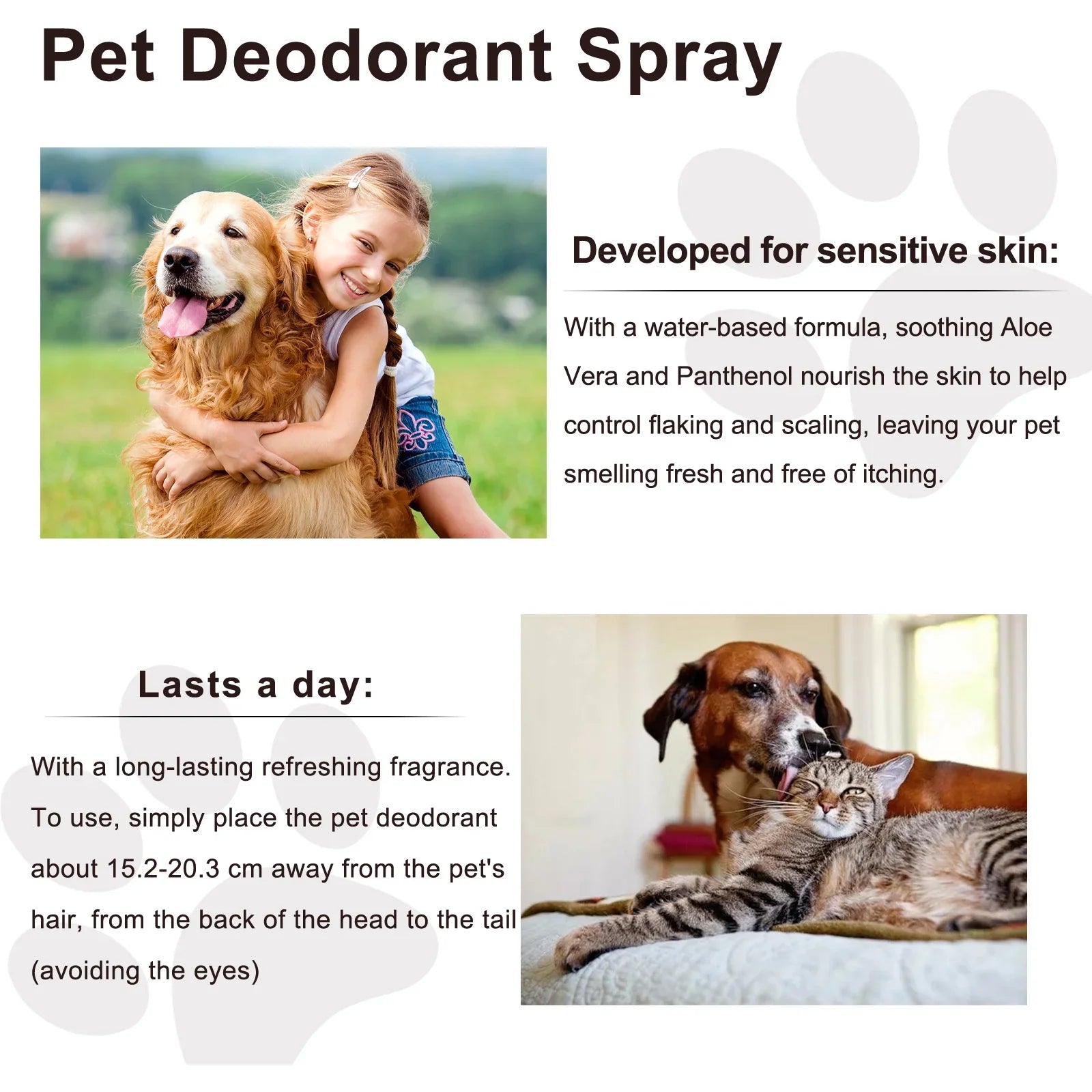 Pet deodorant spray for sensitive skin with happy dog and girl, and dog with cat indoors.