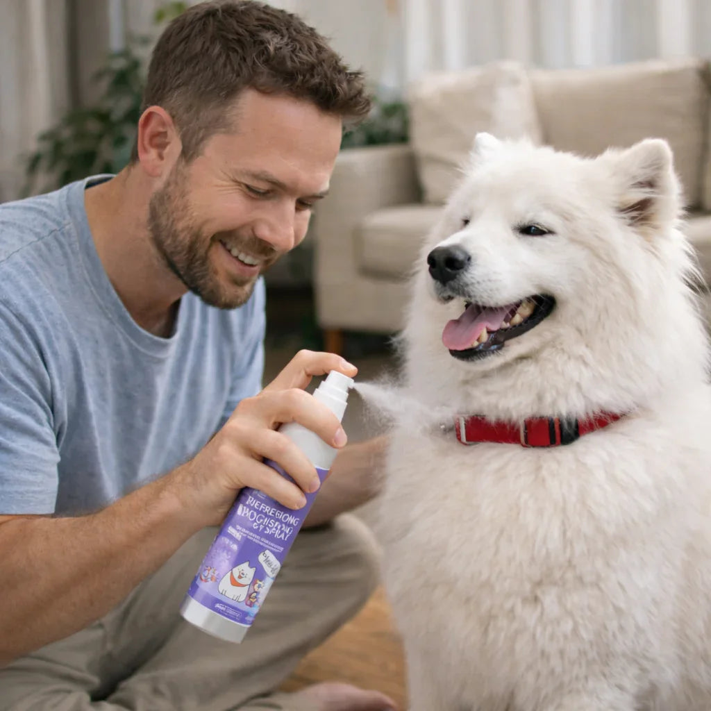 Man spraying pet grooming spray on happy white dog indoors for safe at-home care
