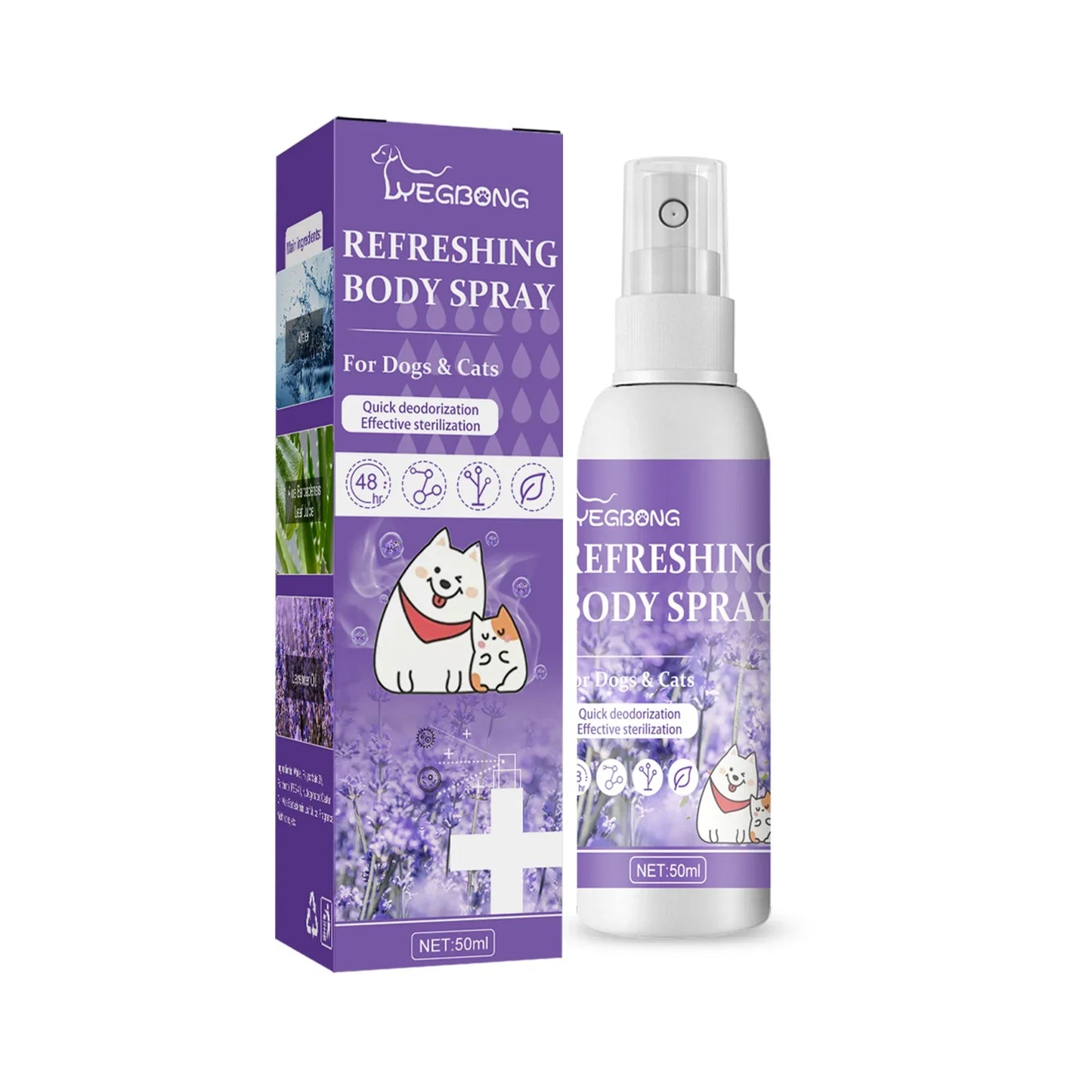 Pet body spray for dogs and cats with quick deodorization, lavender scent, 50ml bottle