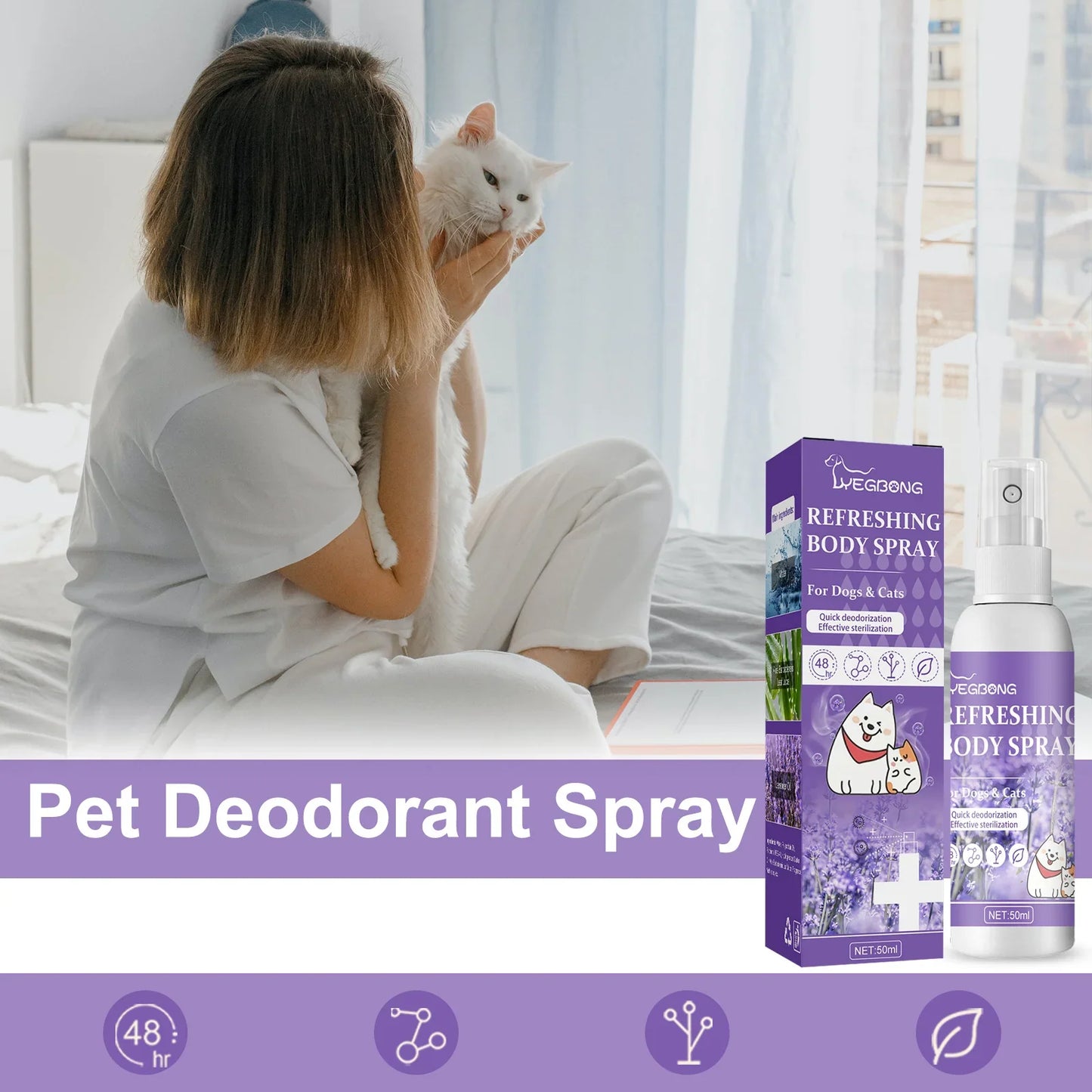 Woman cuddling white cat indoors with pet deodorant spray for dogs and cats on display