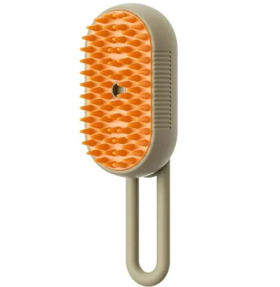 Orange and beige pet grooming brush with rubber bristles and loop handle for easy grip