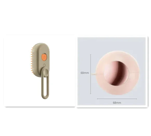 Electric pet grooming brush with ergonomic handle and circular side view, 68mm dimensions shown
