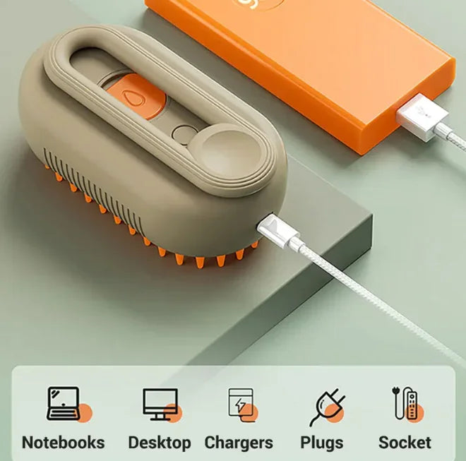 Rechargeable pet grooming brush with silicone bristles and USB charging, tabletop setting
