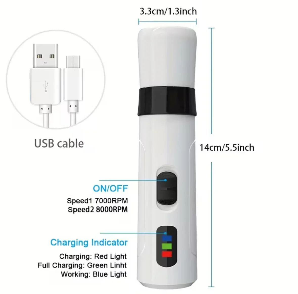 White pet nail grinder with USB cable, speed settings, charging indicator, and size details