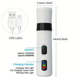 White pet nail grinder with USB cable, speed settings, charging indicator, and size details