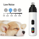 Low-noise pet nail grinder next to a relaxed, sleeping puppy with decibel chart comparison.