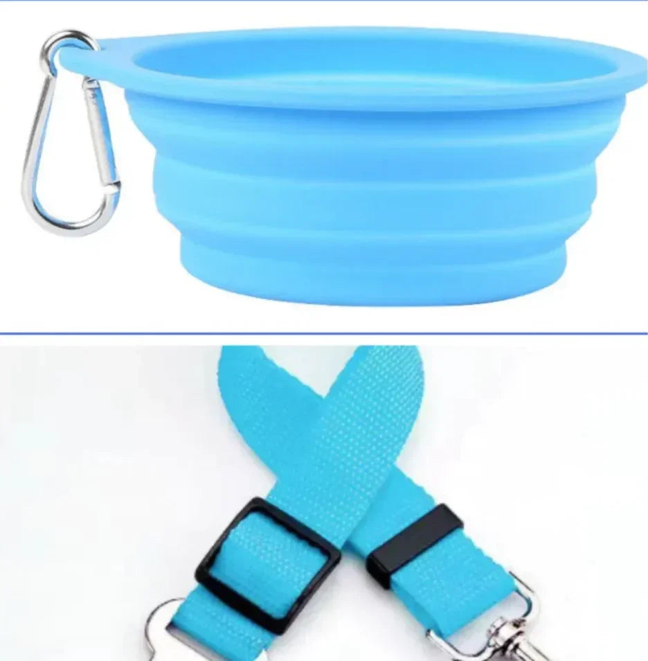 Collapsible blue silicone pet bowl with carabiner and adjustable blue pet leash