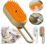 Rechargeable pet grooming brush with orange silicone bristles, used on a cat for gentle fur care.