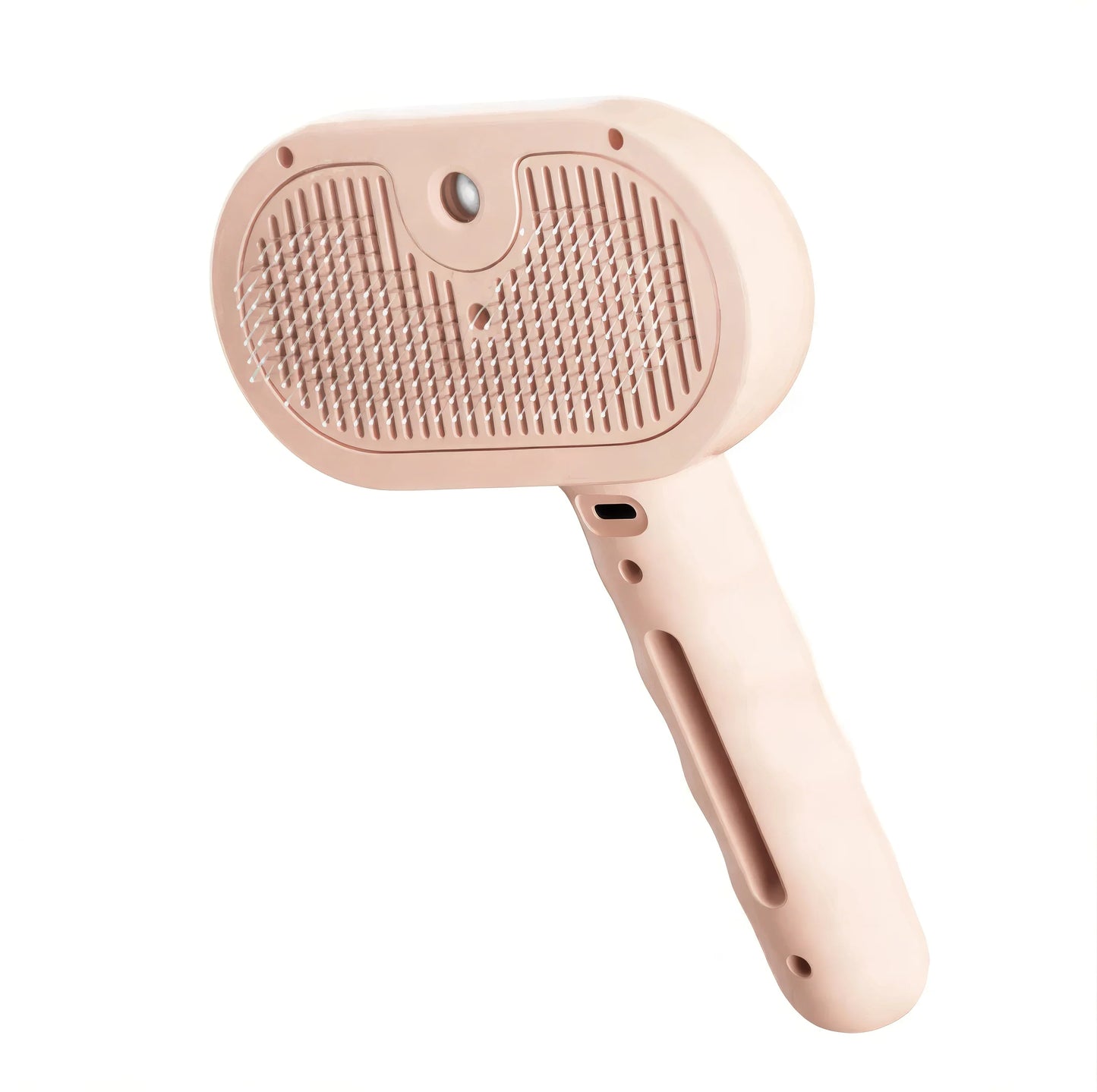 Pink pet grooming brush with ergonomic handle and metal bristles on white background