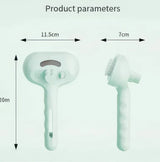 Light green pet grooming brush with measurements, ergonomic handle, and self-cleaning bristles
