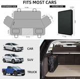 Universal foldable car trunk cover with sizing guide, fits cars, SUVs, and trucks, shown in vehicle cargo area.