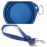 Blue collapsible pet travel bowl with carabiner and adjustable blue pet leash clip